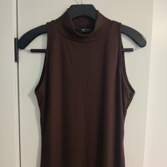 NASTY GAL Brown Bodycon Stretchu Mock Neck Midi Dress Size 10 - Picture 2 of 5